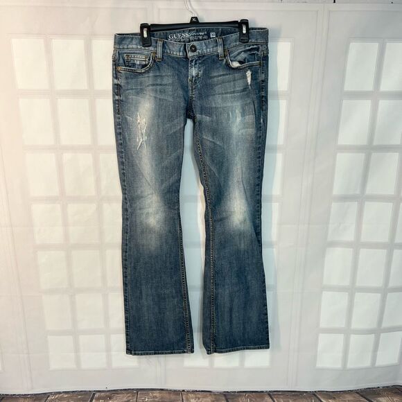 Guess Blue Whiskered Faded Cotton Blended Foxy Flare Jeans Size 30 - Picture 1 of 9